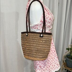 Vintage Brown Woven Tote Bag with cowrie shells